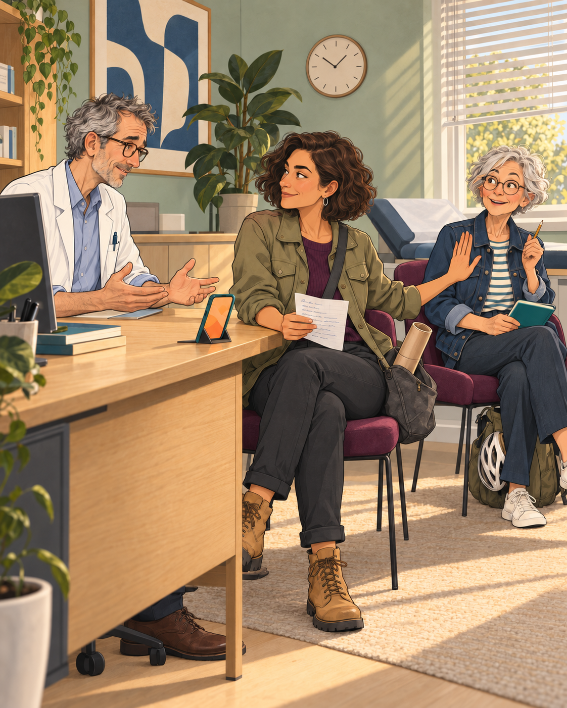 Dr. Reuter sitzt links, Nuria in der Mitte und Hanne rechts. Nuria hält Hanne freundlich mit einer Handbewegung zurück, als sie für sie sprechen möchte.