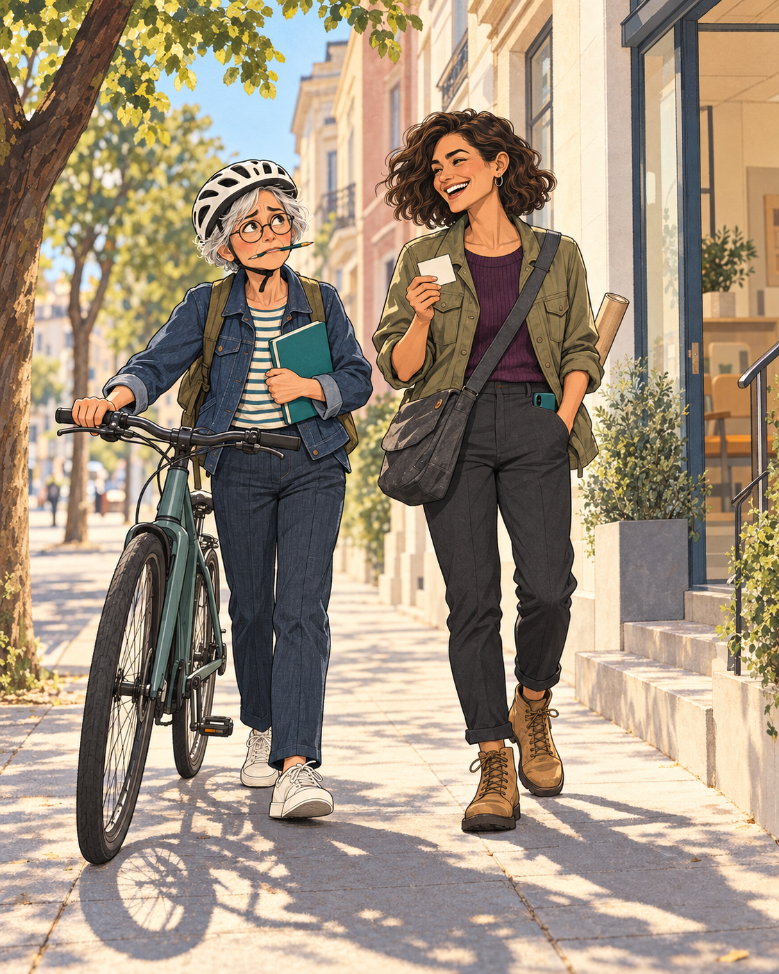 Vor der Praxis schiebt Hanne ihr Fahrrad mit einem Bleistift zwischen den Lippen. Nuria lacht neben ihr; sie sprechen über Hannes einmaligen Einwurf.